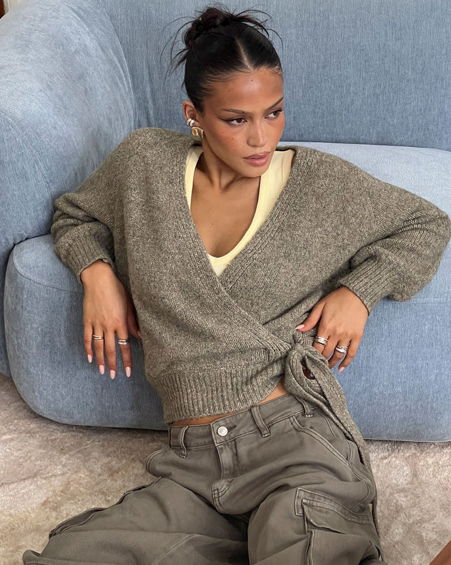 Daelan Wrap Knit Cardigan Brown