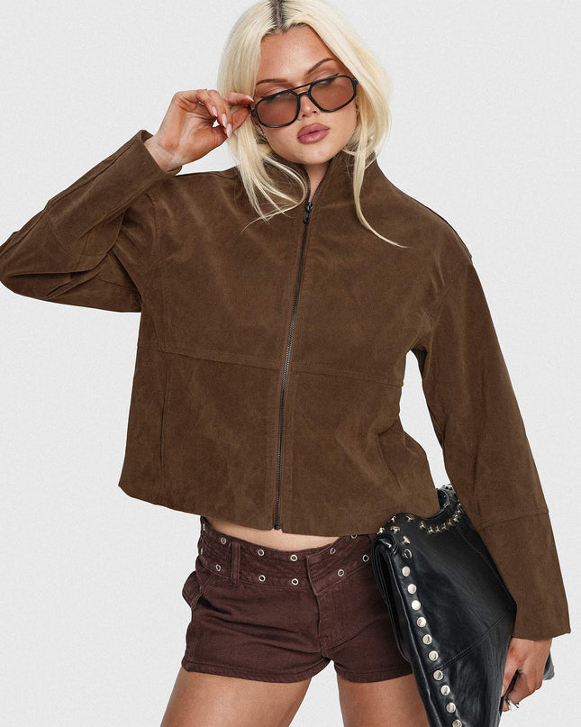 Jessalynn Faux Suede Zip Through Jacket Brown