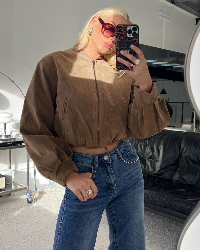 Mastery Faux Suede Bomber Jacket Brown
