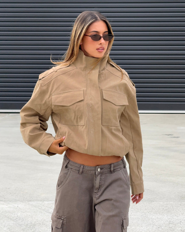 Double Life Funnel Neck Cargo Jacket Beige