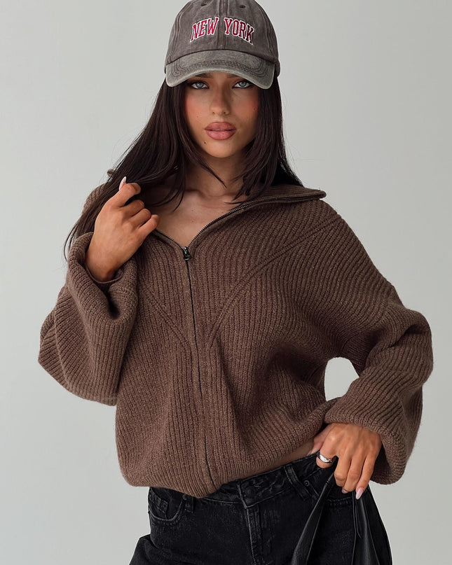 Hertford Zip Through Knit Sweater Brown