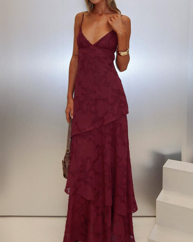 Lyricah Tiered Tie Back Maxi Dress Burgundy Petite