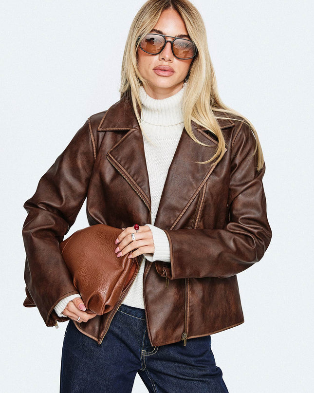 Vyolette Faux Leather Collared Jacket Washed Brown