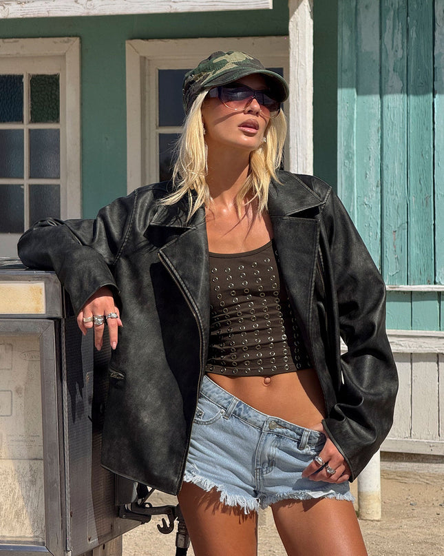 Vyolette Faux Leather Collared Jacket Washed Black