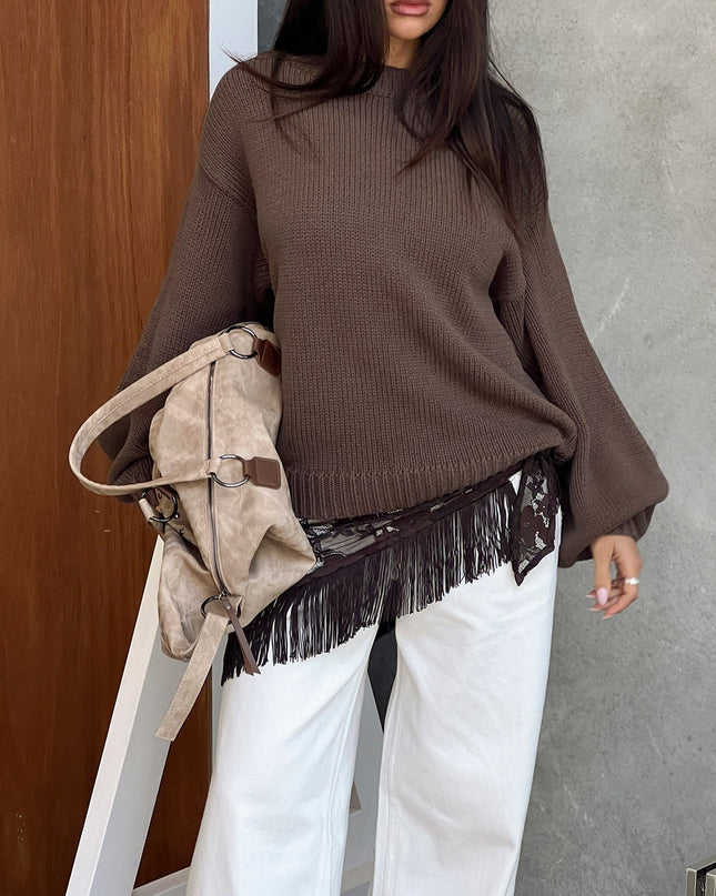Harmony Balloon Sleeve Knit Sweater Dark Brown