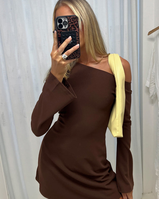 Adrietta Long Sleeve Off Shoulder Mini Dress Brown