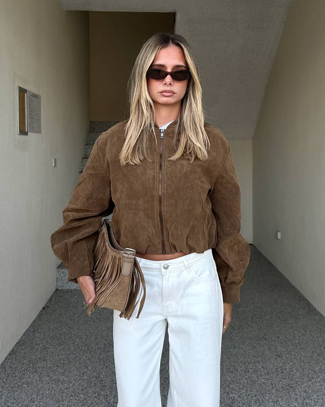 Mastery Faux Suede Bomber Jacket Brown