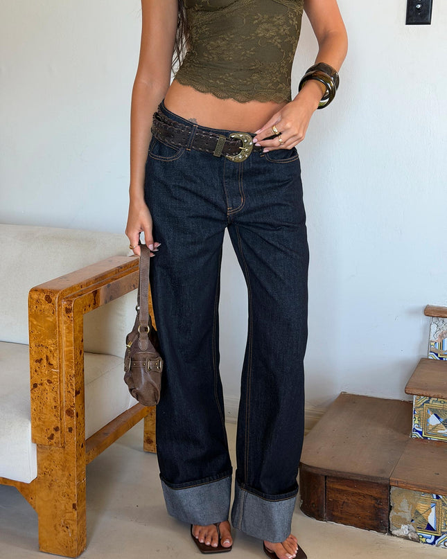 Top Model Low Rise Straight Leg Cuffed Jean Dark Denim