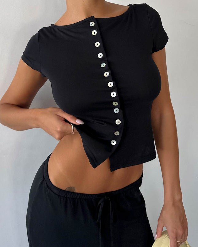 Angellina Jersey Button Down Top Black
