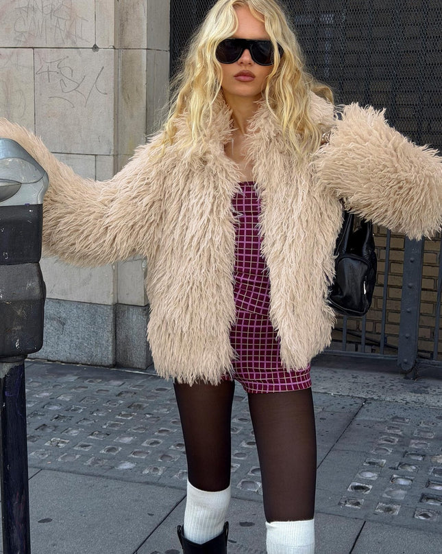Kaiero Oversized Faux Fur Shag Jacket Cream