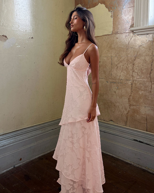 Lyricah Tiered Tie Back Maxi Dress Pink