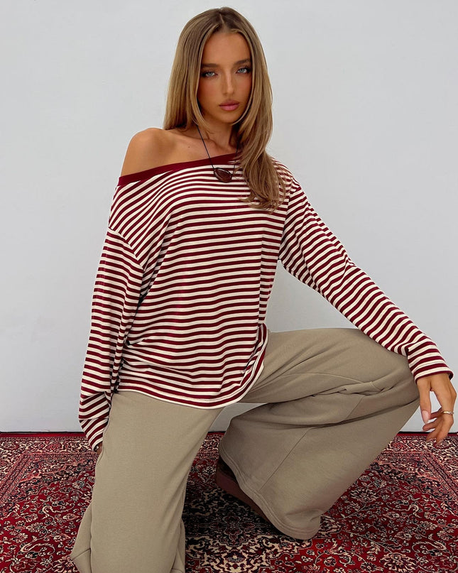 Ralyssa Off Shoulder Long Sleeve Top Red Stripe