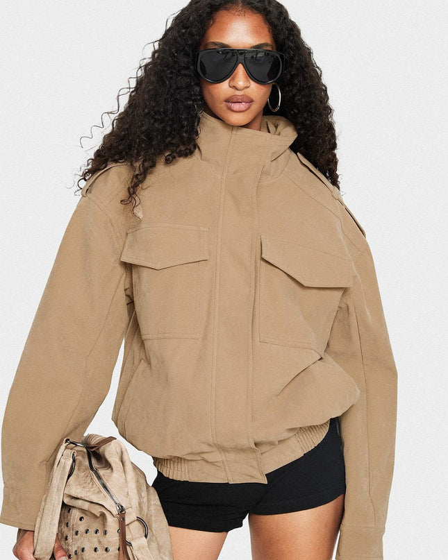 Double Life Funnel Neck Cargo Jacket Beige