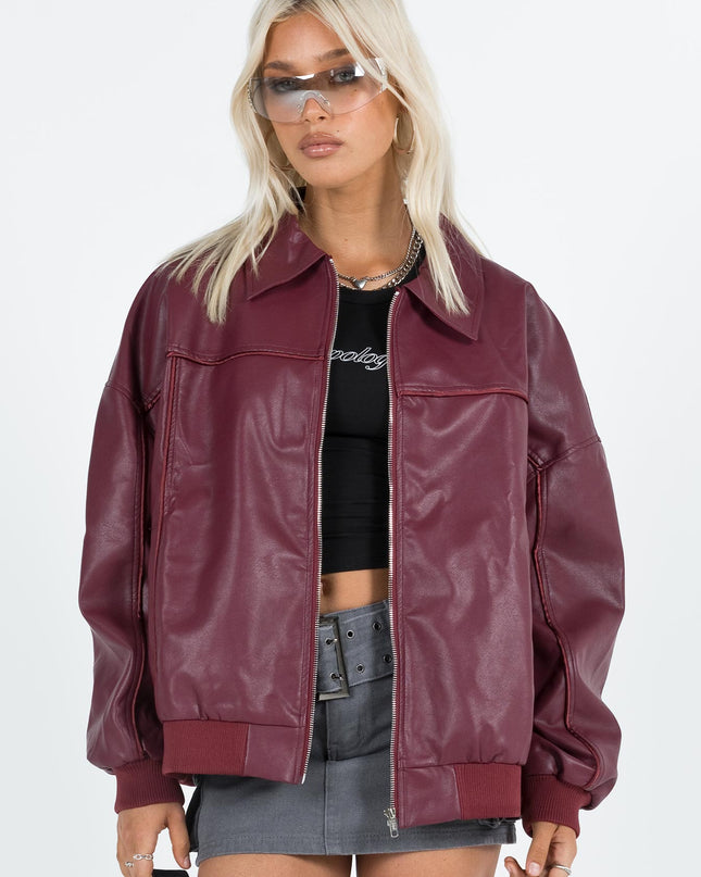 Goldsmith Faux Leather Bomber Jacket Burgundy