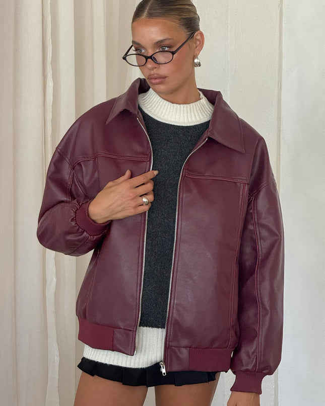 Goldsmith Faux Leather Bomber Jacket Burgundy
