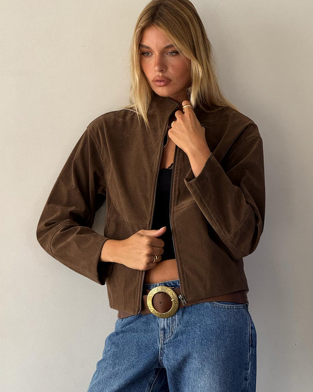 Jessalynn Faux Suede Zip Through Jacket Brown