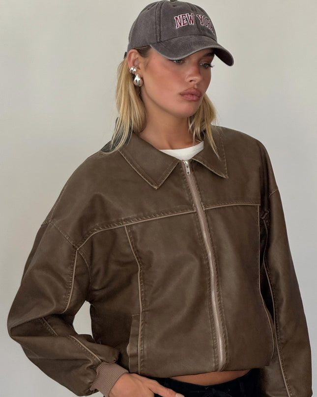 Goldsmith Faux Leather Bomber Jacket Washed Dark Brown