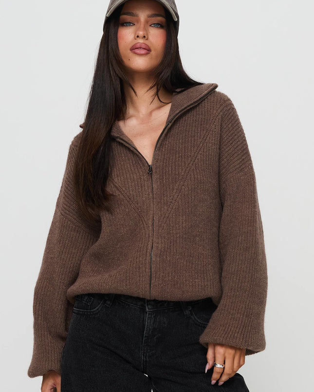 Hertford Zip Through Knit Sweater Brown