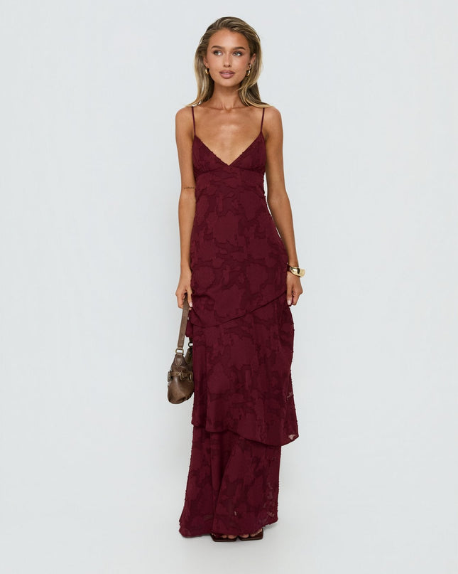Lyricah Tiered Tie Back Maxi Dress Burgundy Petite