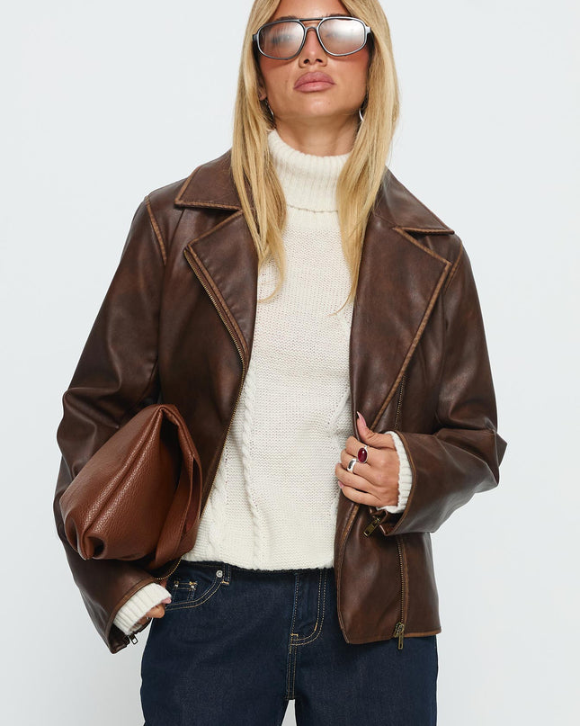 Vyolette Faux Leather Collared Jacket Washed Brown