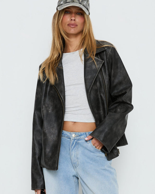 Vyolette Faux Leather Collared Jacket Washed Black