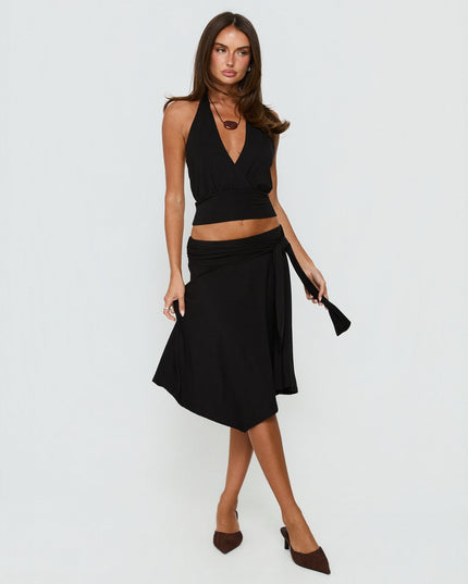 Soft Focus Tie Waist Midi Skirt Black
