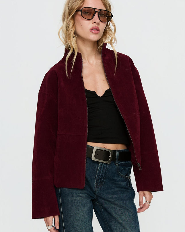 Jessalynn Faux Suede Zip Through Jacket Burgundy
