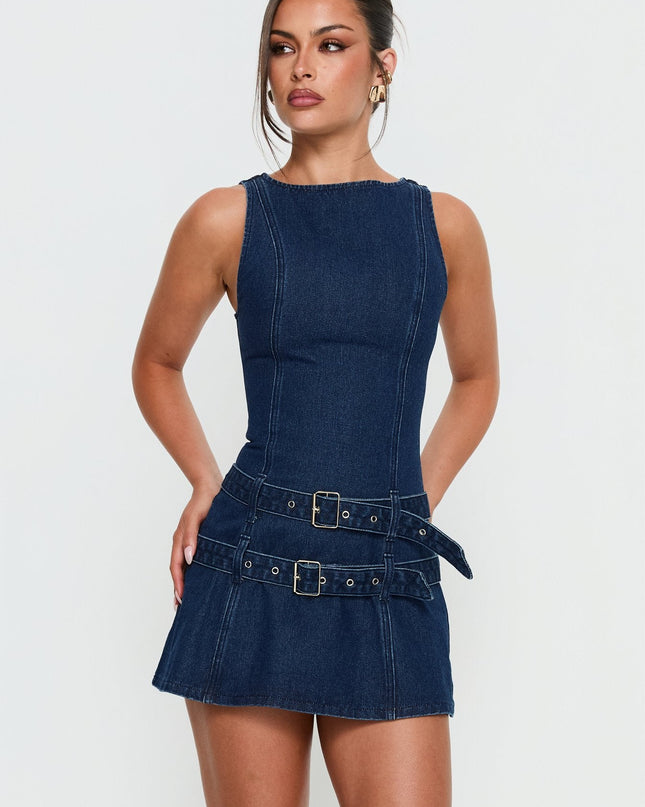 Kainer Denim Buckle Mini Dress Dark Blue Wash