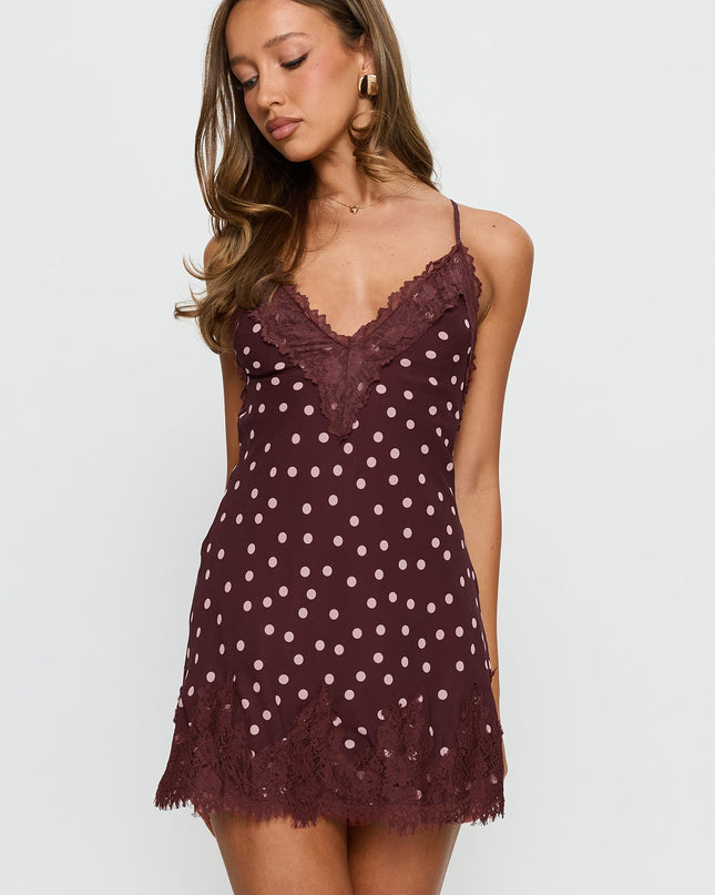 Call My Lover Lace Slip Mini Dress Brown Polka Dot