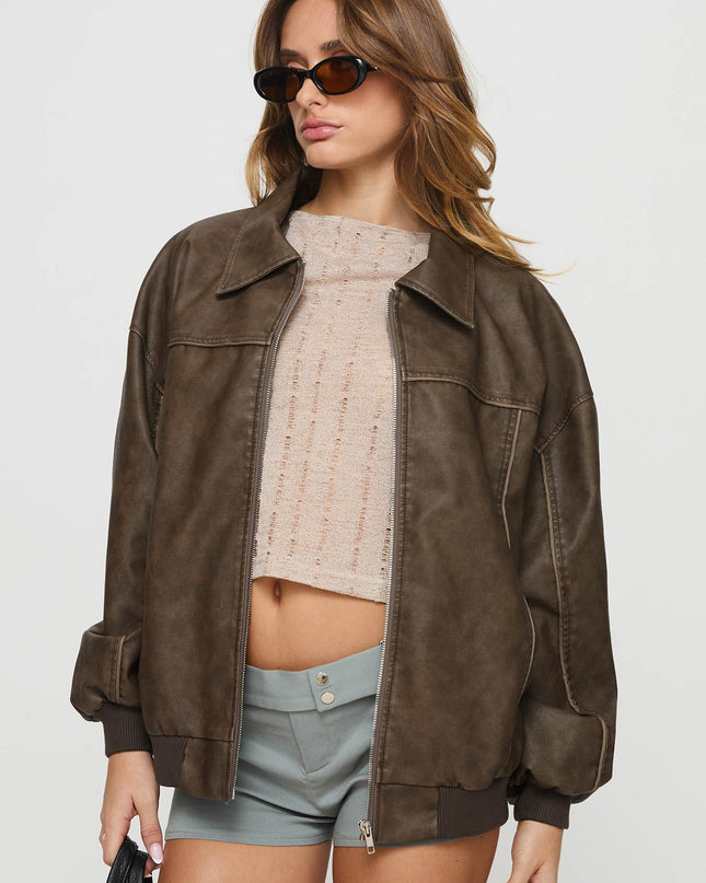 Goldsmith Faux Leather Bomber Jacket Washed Dark Brown