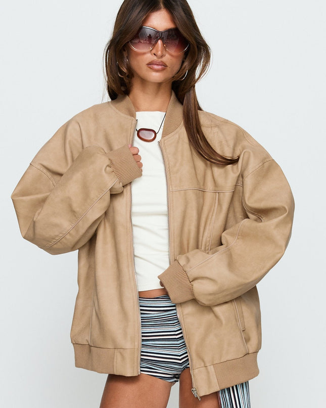 Believe It Faux Leather Bomber Jacket Washed Stone