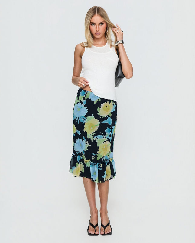 Tarla Midi Skirt Crystal Black Flower