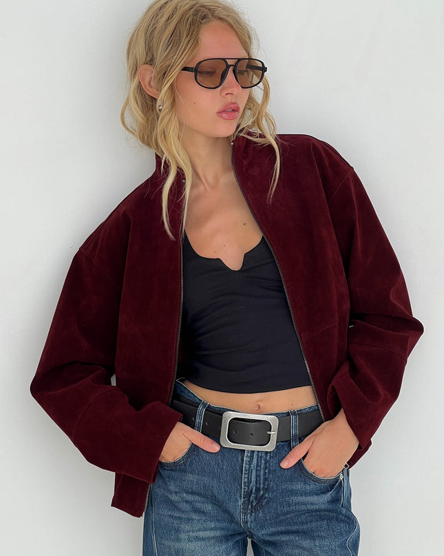 Jessalynn Faux Suede Zip Through Jacket Burgundy