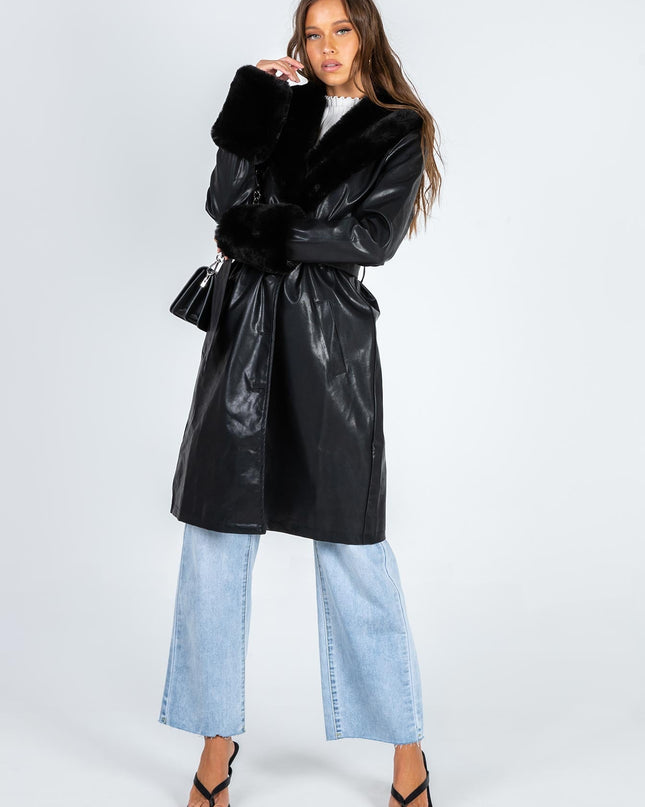 Brooklyn Faux Leather Long Coat Black