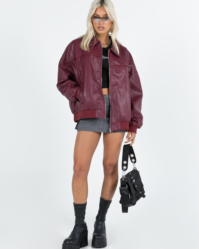 Goldsmith Faux Leather Bomber Jacket Burgundy