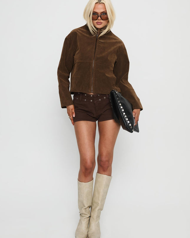Jessalynn Faux Suede Zip Through Jacket Brown