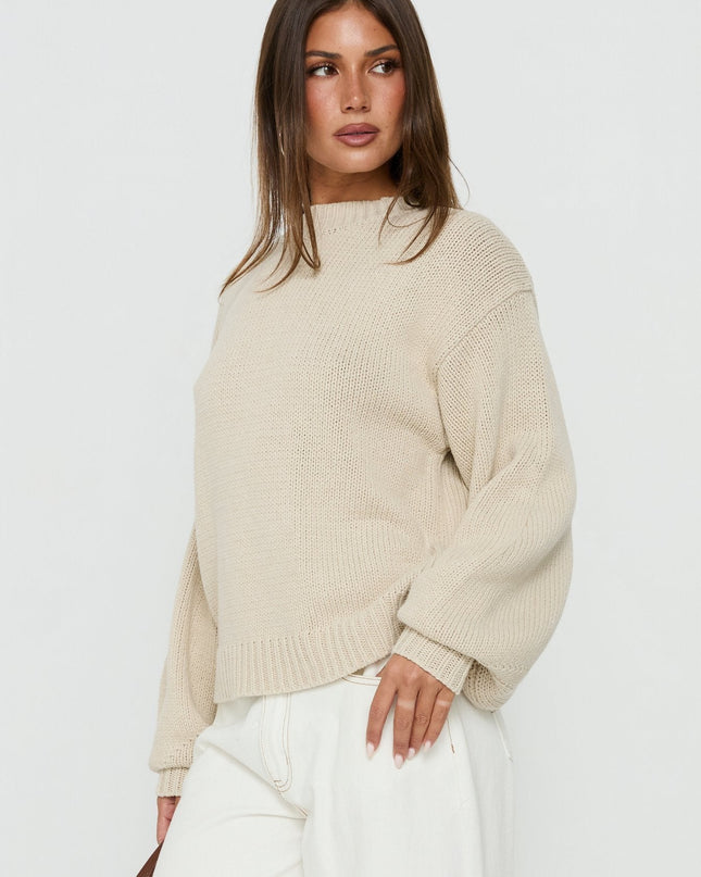 Harmony Balloon Sleeve Knit Sweater Beige