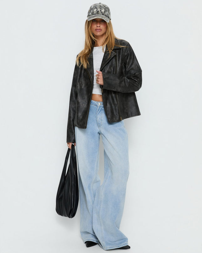 Vyolette Faux Leather Collared Jacket Washed Black