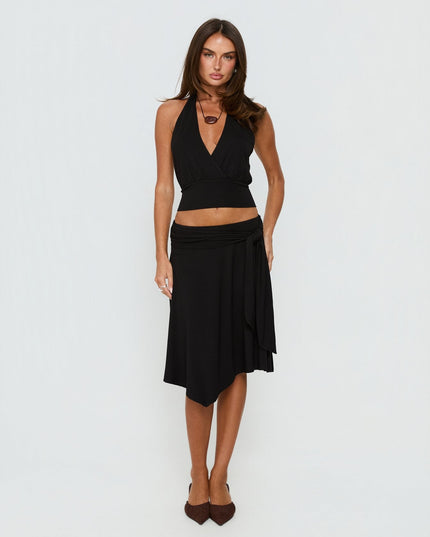 Soft Focus Tie Waist Midi Skirt Black