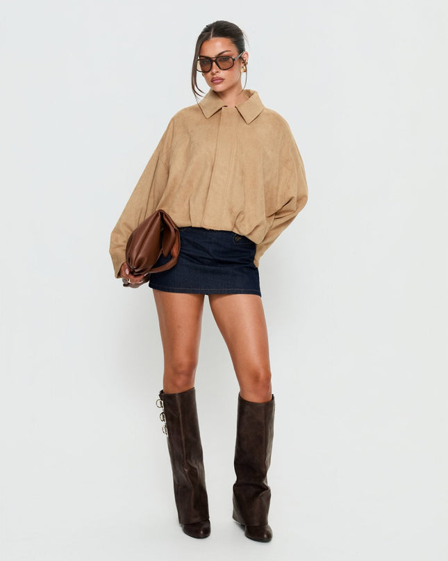 Enlightened Faux Suede Bomber Jacket Beige