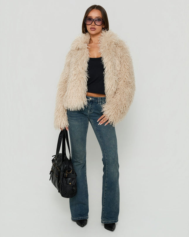Kaiero Oversized Faux Fur Shag Jacket Cream