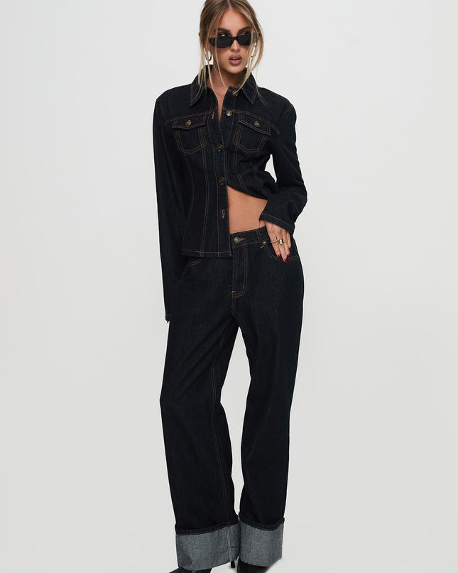 Top Model Low Rise Straight Leg Cuffed Jean Dark Denim