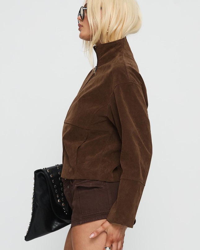 Jessalynn Faux Suede Zip Through Jacket Brown