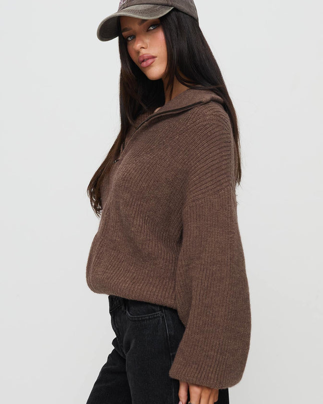 Hertford Zip Through Knit Sweater Brown