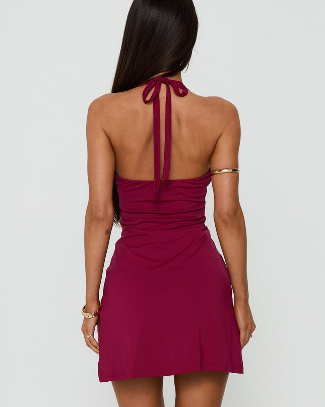Kearney Ruched Tie Neck Mini Dress Wine