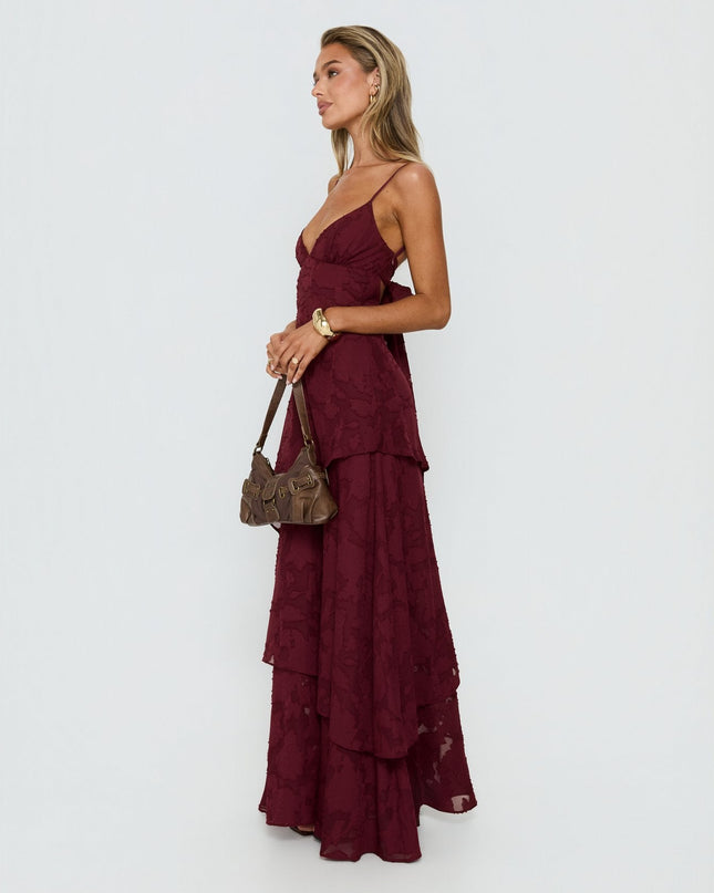 Lyricah Tiered Tie Back Maxi Dress Burgundy Petite