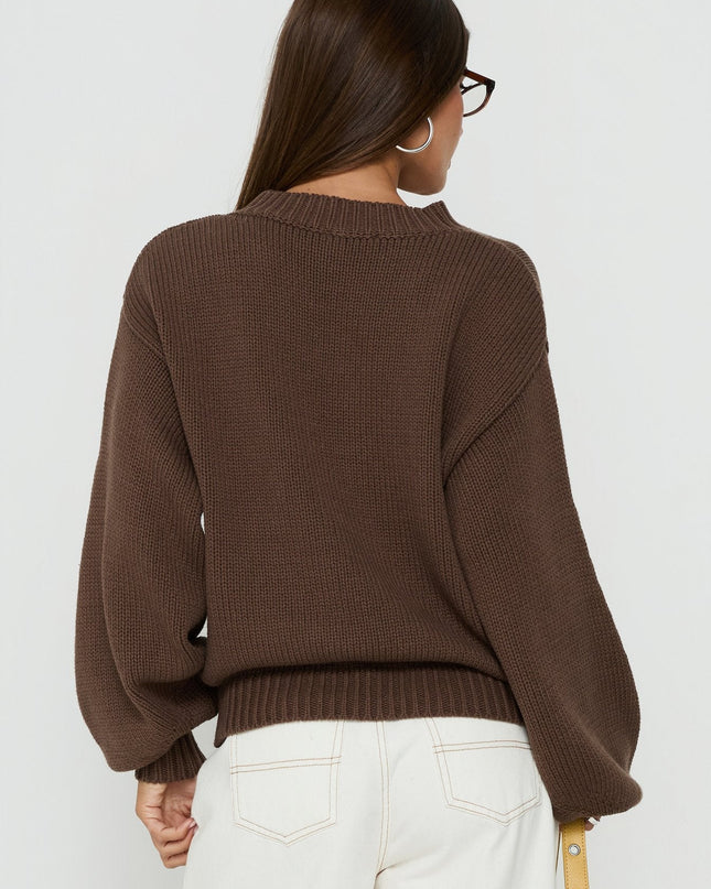 Harmony Balloon Sleeve Knit Sweater Dark Brown