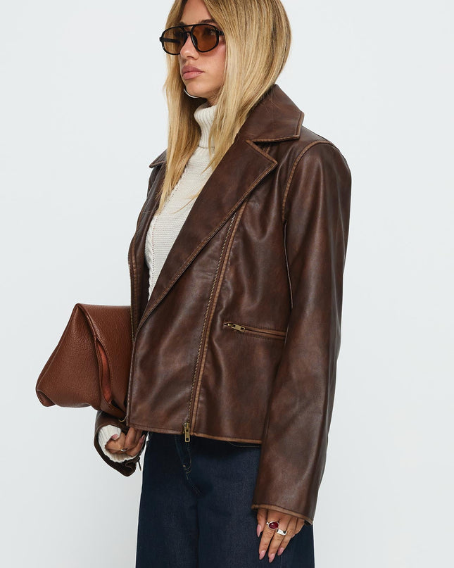 Vyolette Faux Leather Collared Jacket Washed Brown