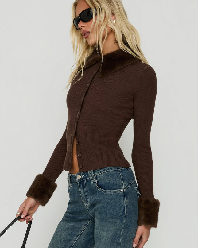 Chiqueeta Faux Fur Trim Knit Cardigan Chocolate