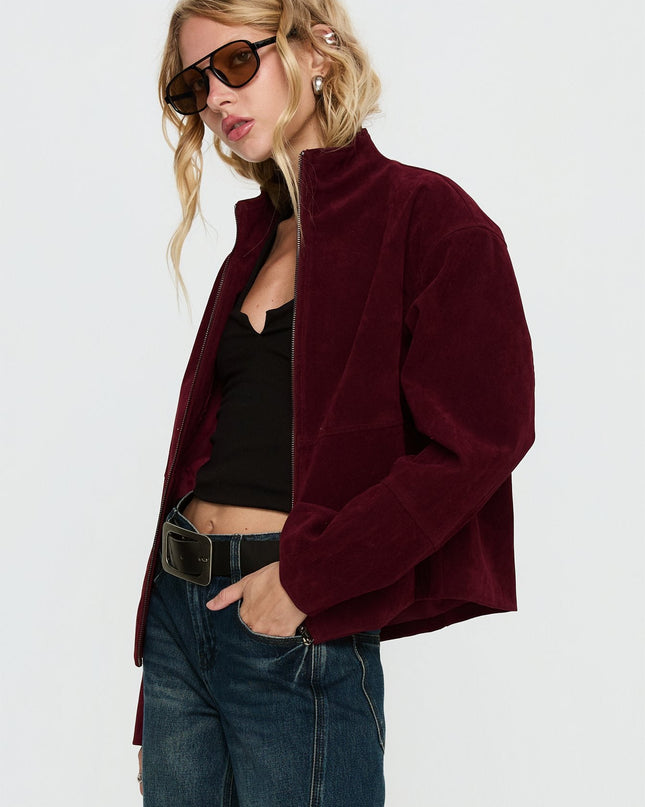Jessalynn Faux Suede Zip Through Jacket Burgundy